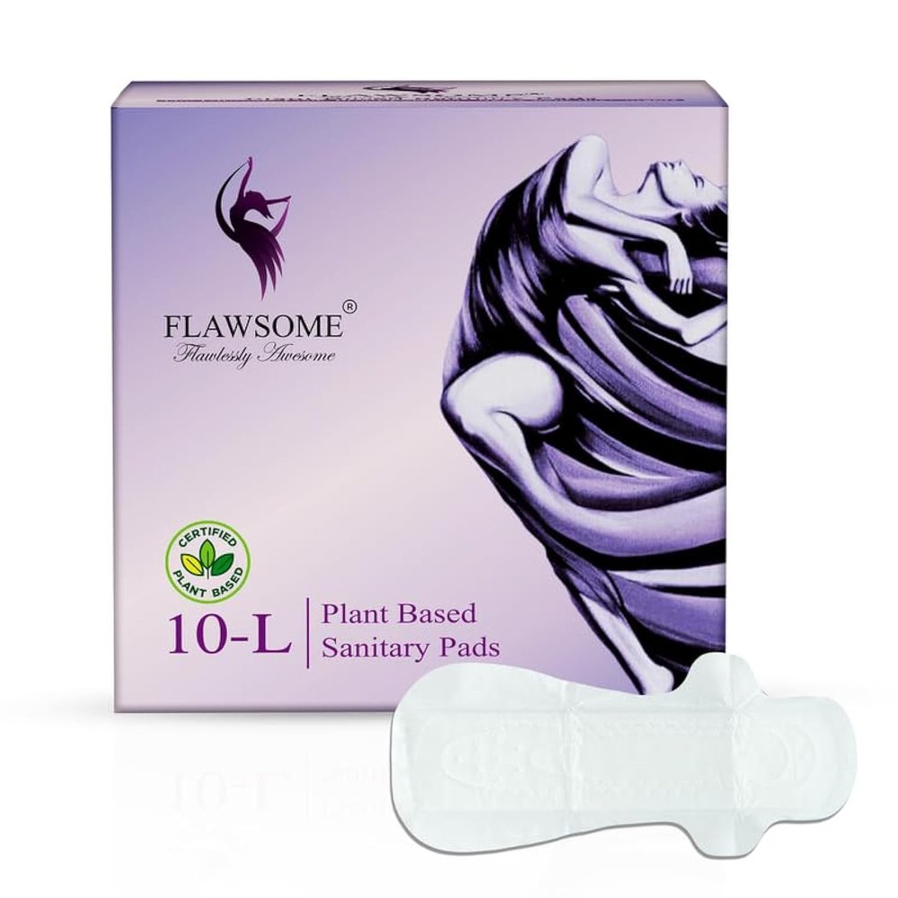 Flawsome Ultra Soft Sanitary Pads| Plant Based, Biodegradable | 10 Pads  L (285mm, Light-Medium Flow) | Rash-Free, Leak-Proof & Breathable | 100% Toxin-Free | Extra Absorbent with Disposal Pouch