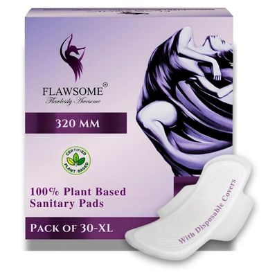 Flawsome Ultra Soft Sanitary Pads| Plant Based, Biodegradable | 30 Pads  XL (320mm, Light-Medium Flow) | Rash-Free, Leak-Proof & Breathable | 100% Toxin-Free | Extra Absorbent with Disposal Pouch