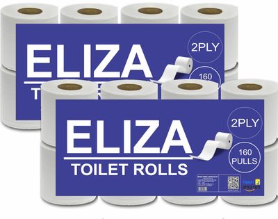 Eliza 2 Ply Disposable Toilet Paper Roll Pack of 16 (160 Pulls Each) 2560 Sheets Paper (Toilet Paper/Toilet Roll/Tissue Roll) - 9.8 x 10 cm Pack of 16 Toilet Tissue Paper Rolls (16 x 160) Pulls (2560)