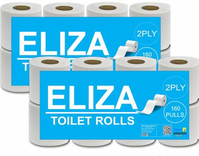 Eliza 2 Ply Toilet Paper RolL Pack of 16 (160 Pulls Each) 2560 Sheets Disposable Paper (Toilet Paper/Toilet Roll/Tissue Roll) - 9.8 x 10 cm Pack of 16 Toilet Tissue Paper Rolls (16 x 160) Pulls (2560)