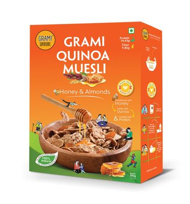 Grami quinoa muesli honey and almonds with high protein | 100% natural millet based complete nutrition muesli | with 68% Quinoa flakes and 12% almonds | Sweetened with honey | Breakfast cereal for energy and improving strength | with no added artific