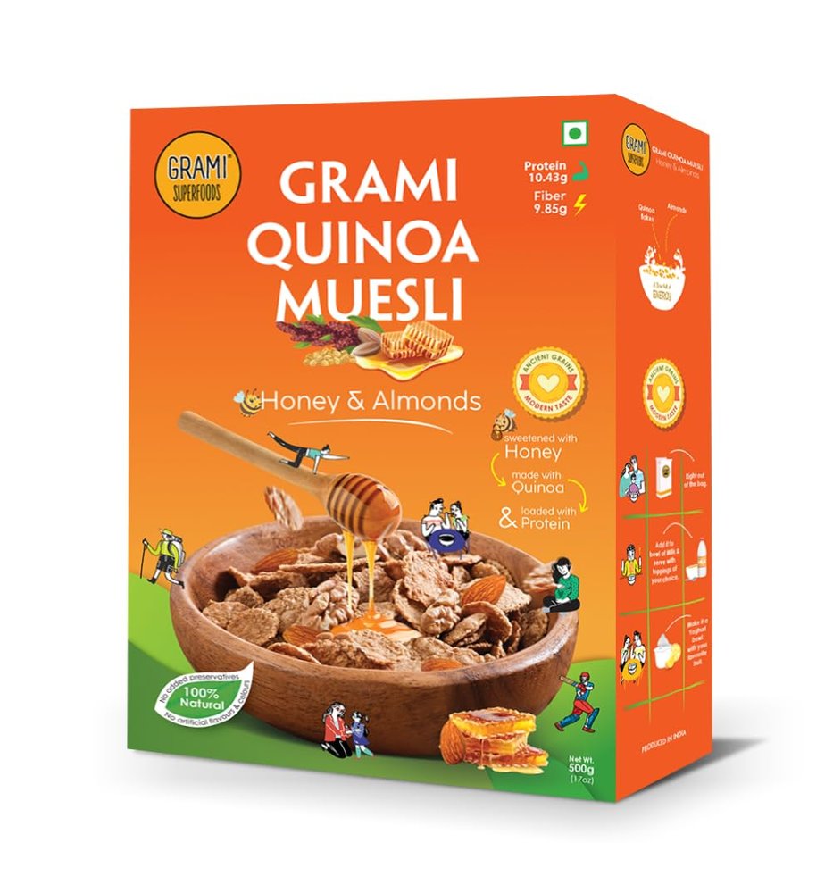 Grami quinoa muesli honey and almonds with high protein | 100% natural millet based complete nutrition muesli | with 68% Quinoa flakes and 12% almonds | Sweetened with honey | Breakfast cereal for energy and improving strength | with no added artific