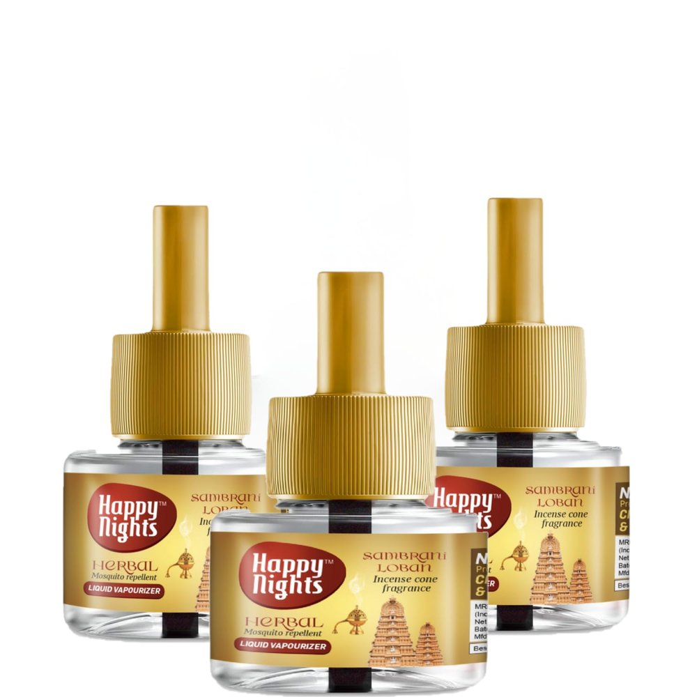 Shadow Securitronics Happy Nights Mosquito Repellent Refill - Mosquito Liquid Vaporiser - Herbal Mosquito Repellent For Baby/Kids - Sambrani Loban Mosquito Refill|45 ml (Pack of 3 Refill)