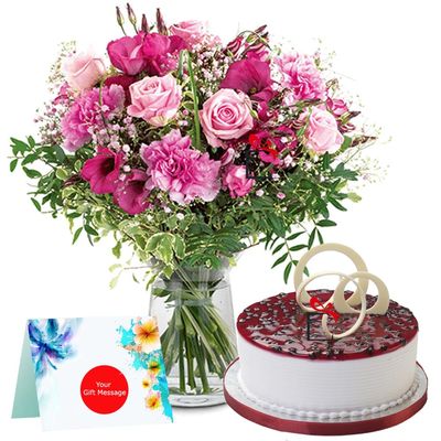 EG2i Mixed 8 Flowers with Glass Vase and 500Gm Blueberry Cake for Birthday | Anniversary | Mother's Day | Same day delivery