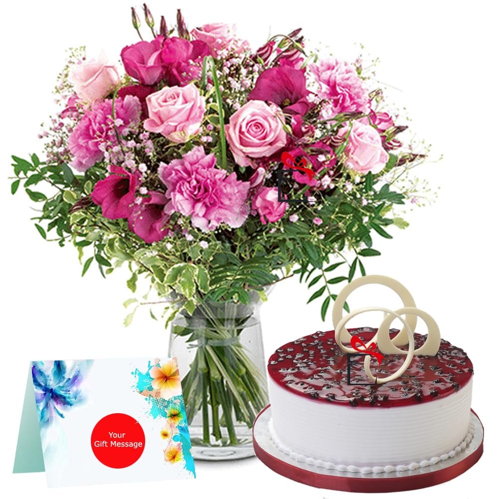 EG2i Mixed 8 Flowers with Glass Vase and 500Gm Blueberry Cake for Birthday | Anniversary | Mother's Day | Same day delivery