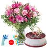 EG2i Mixed 8 Flowers with Glass Vase and 500Gm Blueberry Cake for Birthday | Anniversary | Mother's Day | Same day delivery view 1