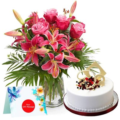 Eg2i 10 Roses and 4 Lilies Bunch With 500gm Vanilla Cream Cake for Birthday, Cake Design for Anniversary | Mother's Day | Valentine's Gift for Dear Ones (10 Roses, 4Lily Bunch+500gm Cake)