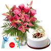 Eg2i 10 Roses and 4 Lilies Bunch With 500gm Vanilla Cream Cake for Birthday, Cake Design for Anniversary | Mother's Day | Valentine's Gift for Dear Ones (10 Roses, 4Lily Bunch+500gm Cake) view 1