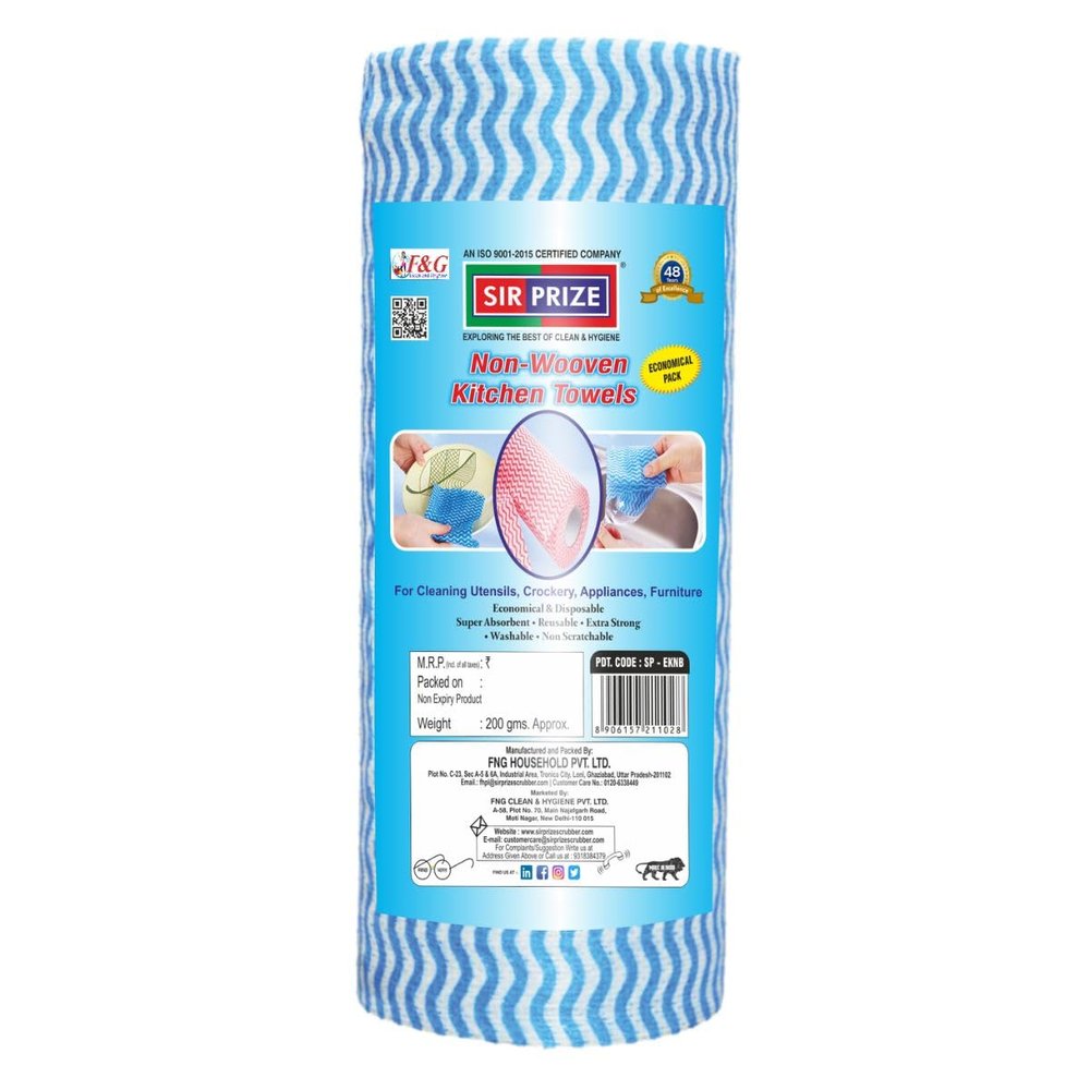 F&G SIR PRIZE 2 Ply Non-woven Kitchen Towel Roll 60 Pulls |Reusable & Washable Cleaning Towel|Kitchen Cloth| Food Safe| Lint-free and Residue-Free |Multipurpose Cleaning|(Multicolor- Pack of 1)