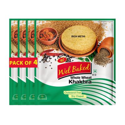 Wel Baked Whole Wheat Khakhra - Pack of 4 | Rich Methi | Dry Chapati | Khakra Fresh Gujarati Namkeen Snacks | Ready To Eat - Roasted - Khakhra Snacks | Vacuum Packed