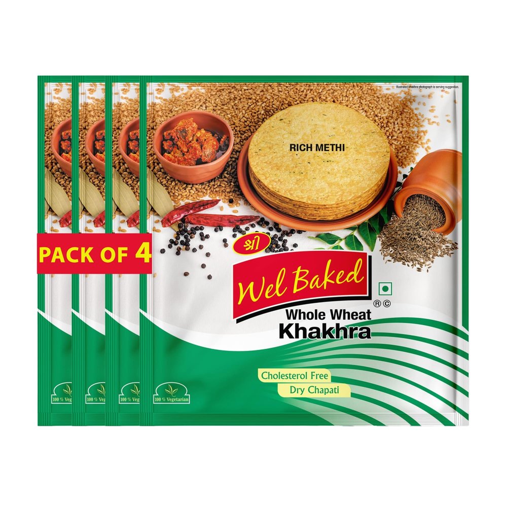 Wel Baked Whole Wheat Khakhra - Pack of 4 | Rich Methi | Dry Chapati | Khakra Fresh Gujarati Namkeen Snacks | Ready To Eat - Roasted - Khakhra Snacks | Vacuum Packed