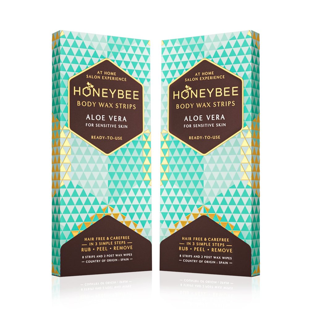 Honeybee Aloe Vera Vegan Body Wax Strips | Full Body Wax Care Kit | Hair Removal Waxing Strips For Sensitive Skin Types | 8 Strips, 2 Free After Care Wipes (Pack of 2)