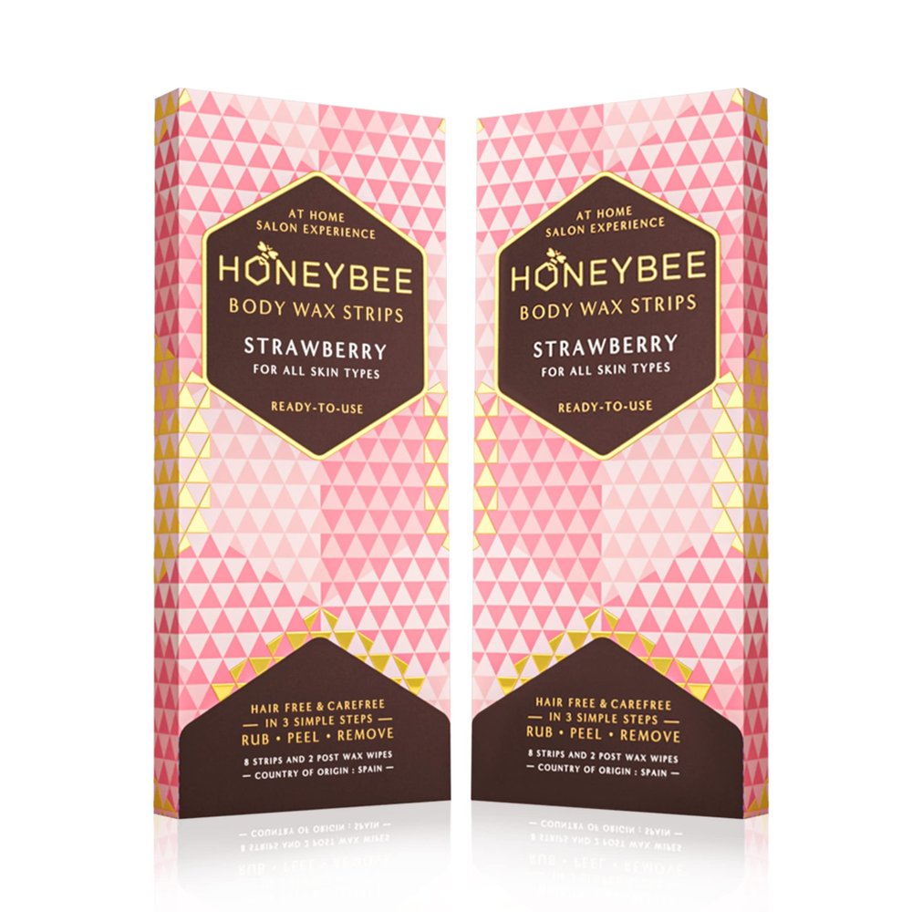 Honeybee Strawberry Vegan Body Wax Strips | Full Body Wax Care Kit | Hair Removal Waxing Strips For All Skin Types | 8 Strips, 2 After Care Wipes Free (Pack of 2)