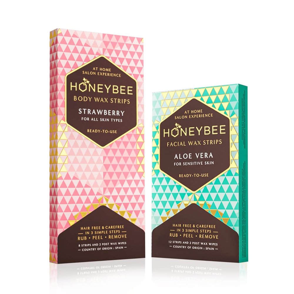 Honeybee Strawberry Vegan Body Wax & Aloe Vera Facial Wax Strips | 1 pack Facial Waxing Strips & 1 pack Body Wax Strips for Women | Wax Care Kit | Hair Removal Waxing Strips For All Skin Types