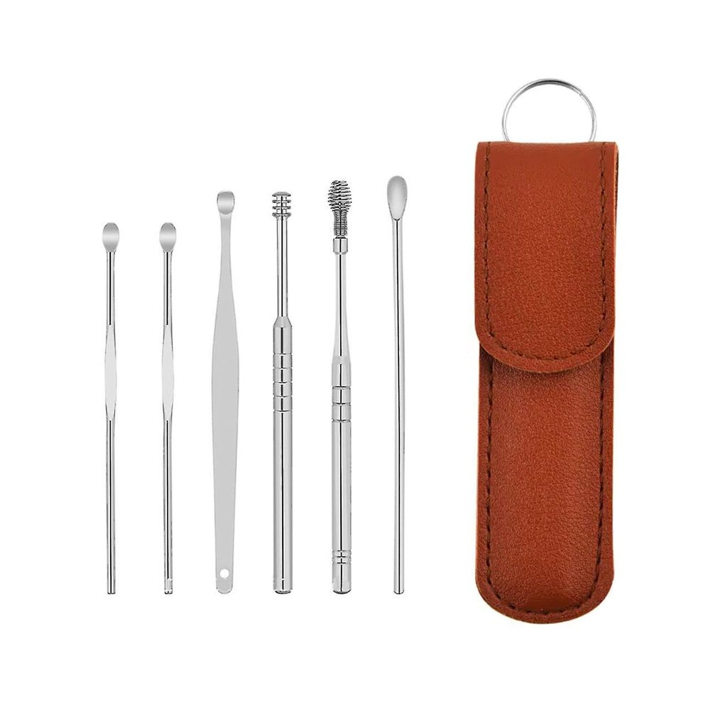 6-in-1 Ear Wax Cleaner- RESUABLE Ear Cleaning Tools Leather Pouch - Ear Pick Wax Remover Tool KIT with Ear Curette Cleaner and Spring Ear Buds Cleaner FIT in Pocket Great for Traveling