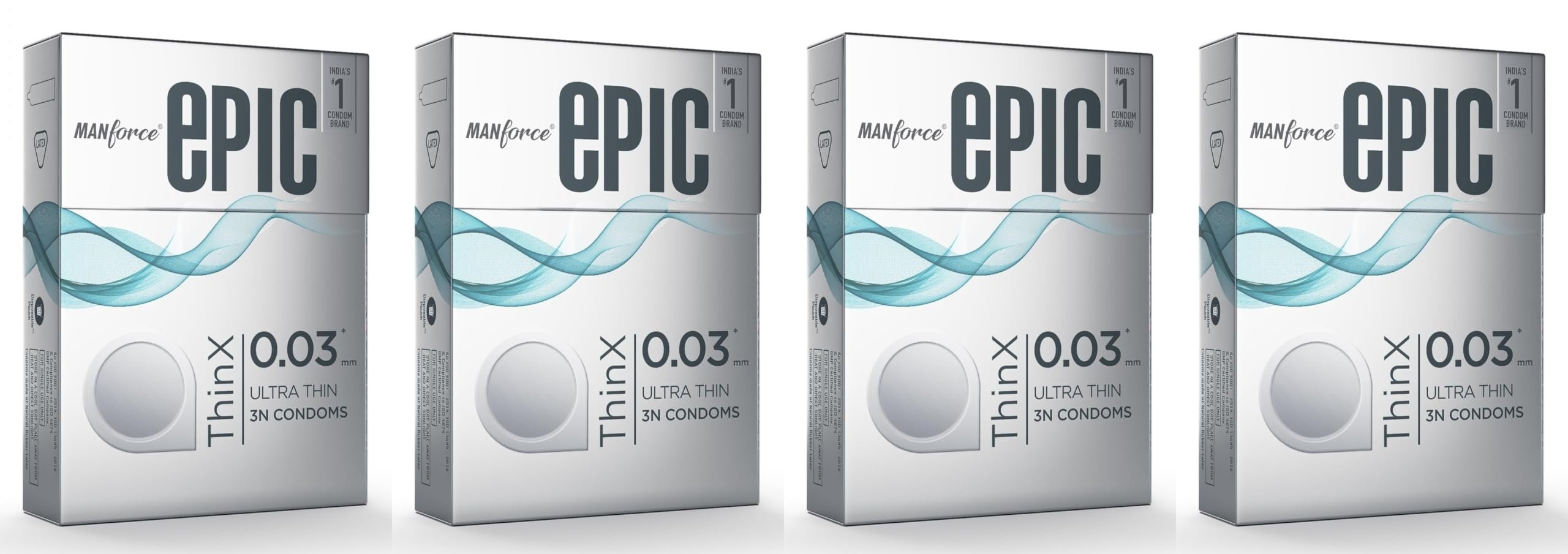 Manforce Epic ThinX Ultra Thin Condoms for Men - 3 Count| 0.03mm| Vegan| No Harsh Chemicals| With Disposable Pouch| Easy Peel Pack x Pack of 4