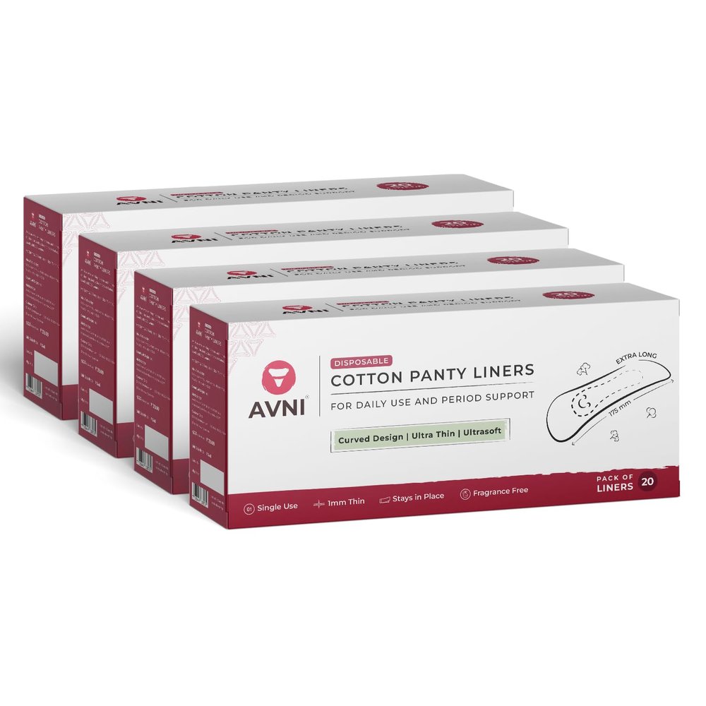 Avni - Disposable Cotton Panty Liner | 20 count (Pack of 4) | 24 Hours Protection | Extra Long Coverage | Ultra Thin Layer | Anti - Slip Curved Design | MultiPurpose Use