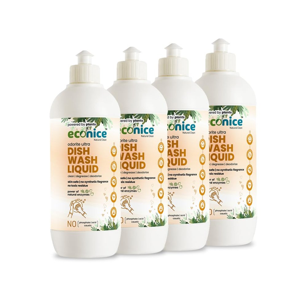 Econice Low Foaming Natural Dishwash Liquid - (500ml x 4) | Plant-Based, Biodegradable & Non-Toxic | Baby Safe, Skin Safe & Pet Safe | Tough on Grease & Stains | Eco-Friendly, Gentle on Hands & Dishes