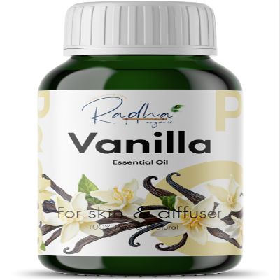 Radha Organic Vanilla Essential Oil for Diffuser & Skin - 100% Natural Vanilla Oleoresin Essential Oil - Fragrant and Long Lasting Vanilla Oil Perfume - Natural Sweetness for Skin, Hair & Home, 100 mL