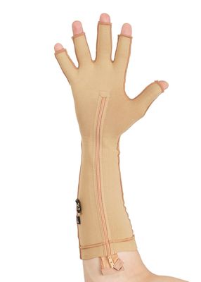 Dermapress Medical Compression Hand Glove upto Mid-fore Arm || Open Fingers || MODERATE COMPRESSION || COTTON || UNISEX || BURN Recovery Support || Control Swelling || (Small- Left Hand, Beige)