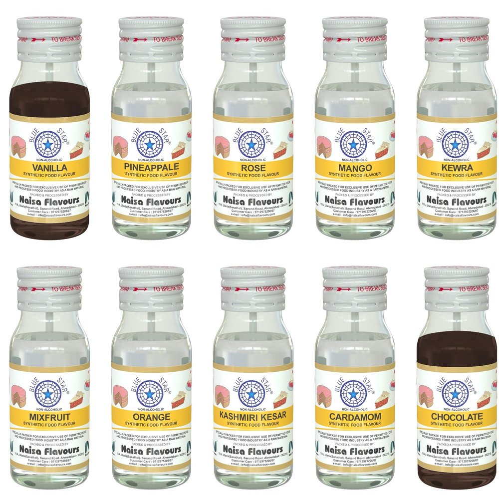 BlueStar Food Flavour | Essence ASSORTED (20ml Pack of 10 bottles) (1 bottle each of Vanilla, Chocolate, Kewra, Pineapple, Rose, Cardamom, MixFruit, Orange, Kesar and Mango)