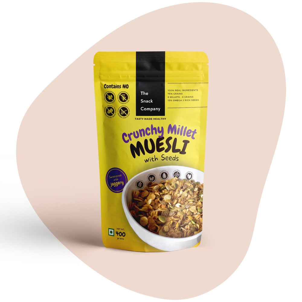 The Snack Company Crunchy Multi Millet Muesli 400 gm | Healthy Breakfast | 75% Grains | 5 Millets - 8 Grains | 15% Seeds | Sweetened with Jaggery | Muesli