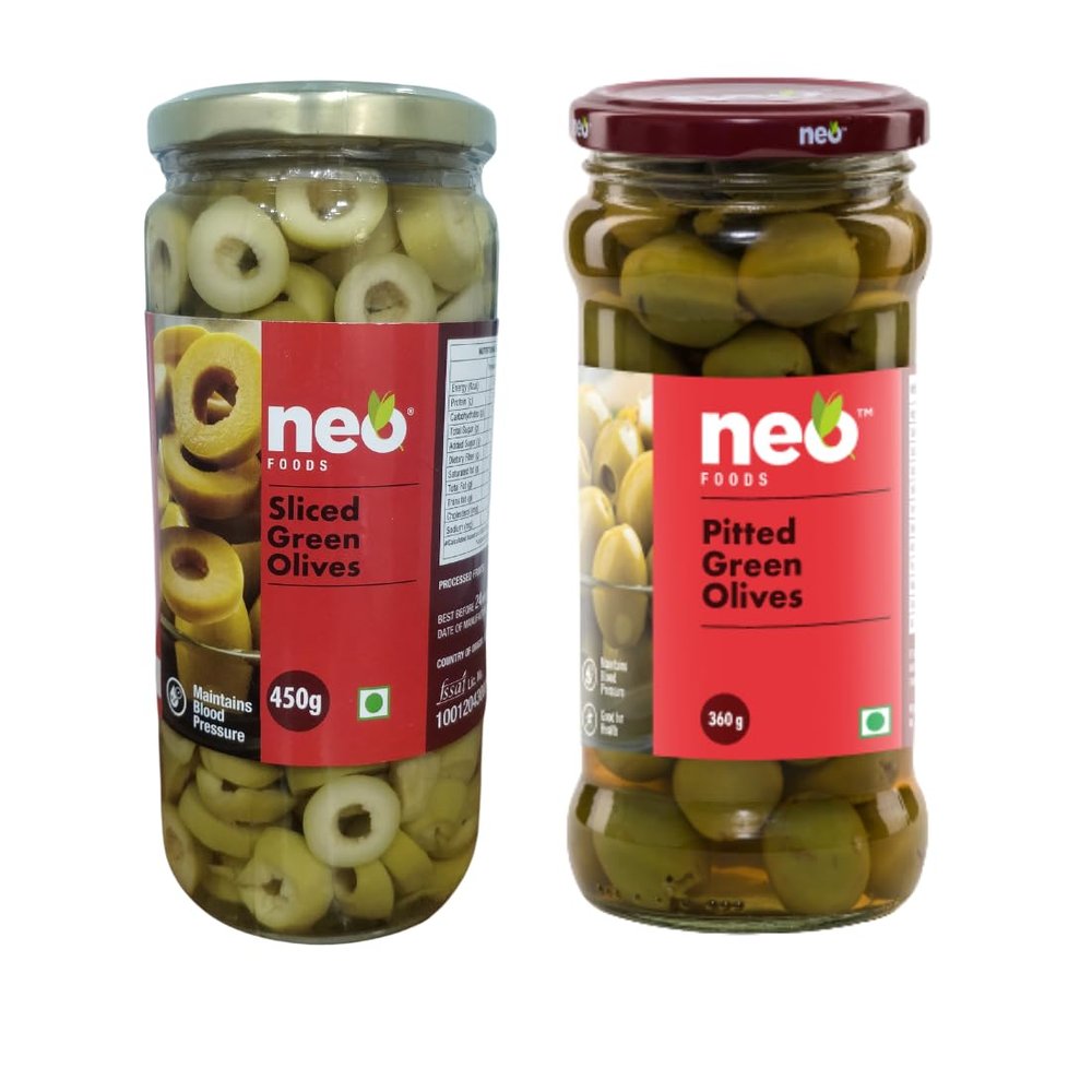 Neo Foods Sliced Green Olives 450g & Pitted Green Olives 360g Combo Pack I P2 l Low Fat Ready-to-Eat Healthy Snack, Source of Fibre l Enjoy as Topping for Pizza & Pasta