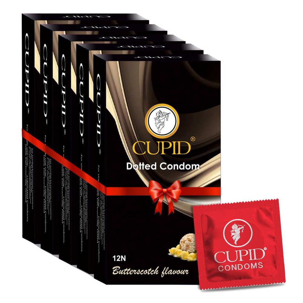 Cupid Dotted & Flavoured Condoms Butterscotch Flavour (Pack of 5) | Lubricated & Multitextured Condoms | For Her Enhanced Pleasure | Pack of 5, 12 Pcs Each