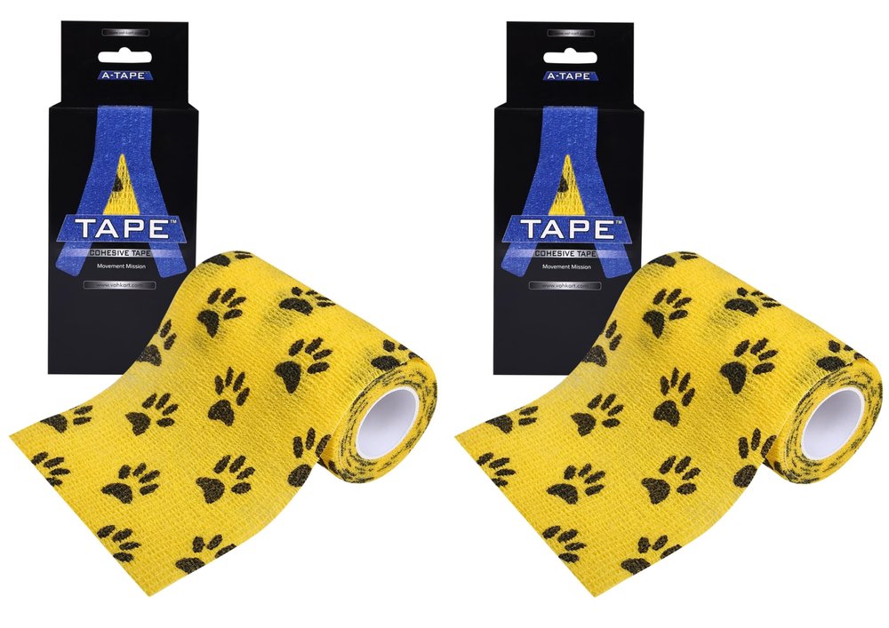 A-TAPE Breathable Self Adhesive Cohesive Bandage for Humans & Pets (Dogs, Cats, Birds) (10 cm X 4.5 mtr, Pack of 2) (Yellow/brown Paw)