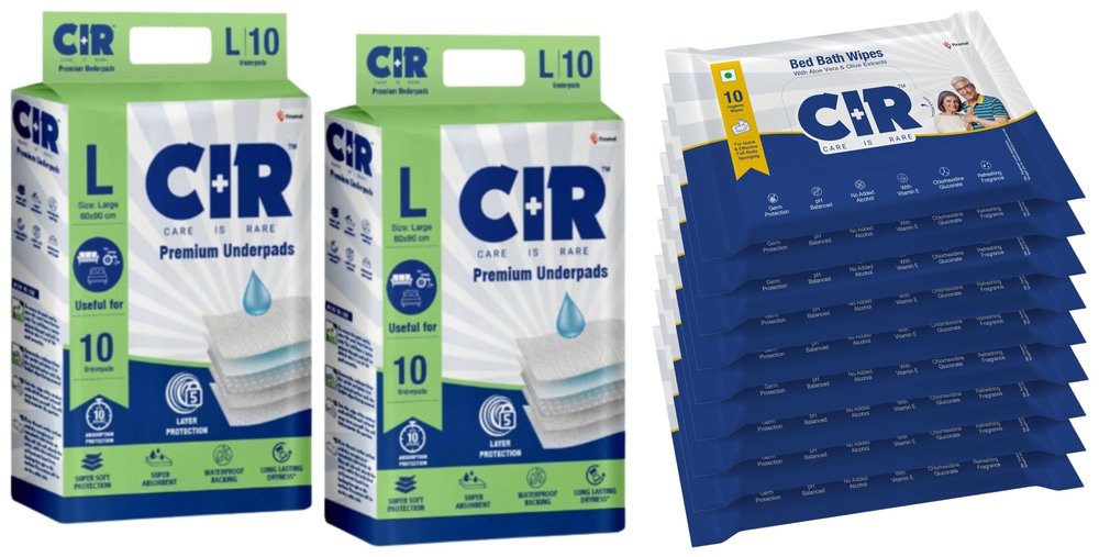 CIR Premium Underpads,Large (90X60Cm) I 10 Hrs Absorption Protection I 10 Units & CIR Soft Body Cleansing Wet Bed Bath Wipes, Extra Large, 10 Wipes/Pack (Pack of 9), 90 Wipes, White, One Size