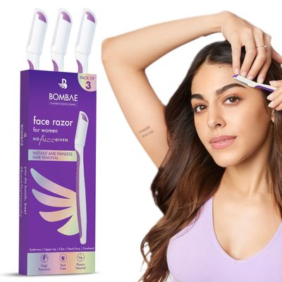 Bombae Shea Butter Hair Removal Cream For Women & Bombae Reusable Face Razor For Women Facial Hair - 3 | Instant Glow & Painless Hair Removal