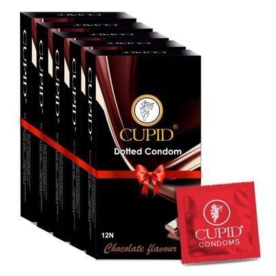 Cupid Dotted & Flavoured Condoms Chocolate Flavour (Pack of 5) | Lubricated & Multitextured Condoms | For Her Enhanced Pleasure | Pack of 5, 12 Pcs Each