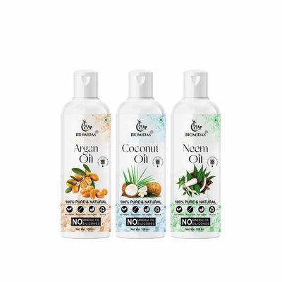 Biomidas 100% Pure Argan Oil & Coconut Oil & Neem Oil 100ML Combo (Pack Of 3)