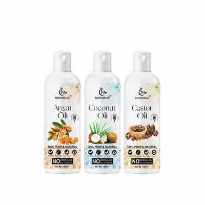 Biomidas 100% Pure Argan Oil & Coconut Oil & Castor Oil 100ML Combo (Pack Of 3)