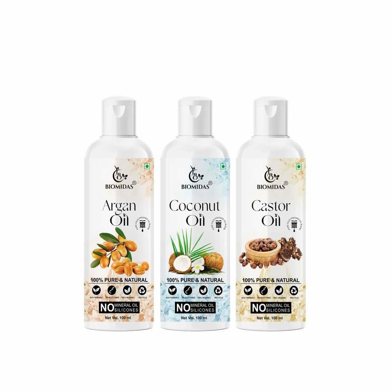 Biomidas 100% Pure Argan Oil & Coconut Oil & Castor Oil 100ML Combo (Pack Of 3)