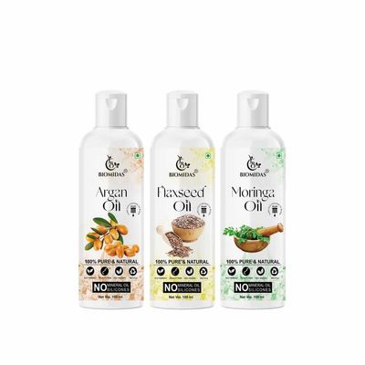 Biomidas 100% Pure Argan Oil & Flaxseed Oil & Moringa Oil 100ML Combo (Pack Of 3)