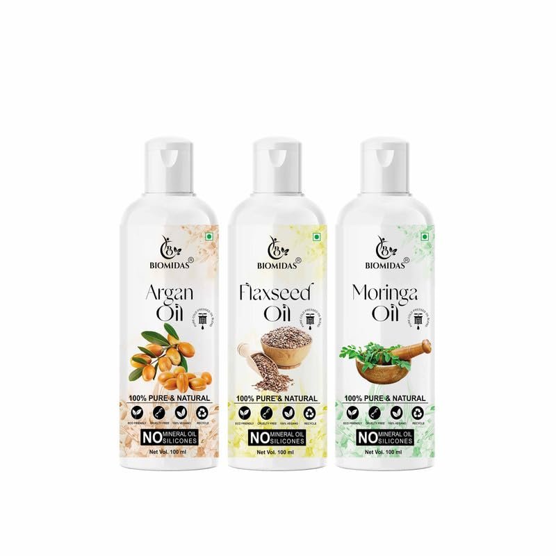 Biomidas 100% Pure Argan Oil & Flaxseed Oil & Moringa Oil 100ML Combo (Pack Of 3)