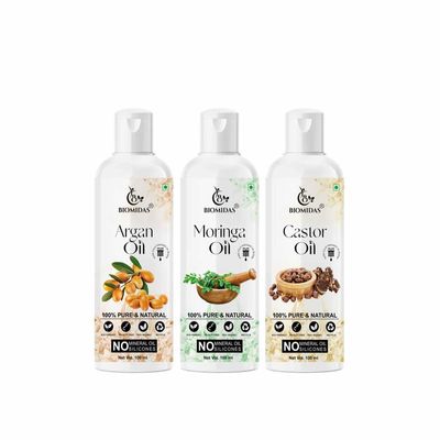 Biomidas 100% Pure Argan Oil & Moringa Oil & Castor Oil 100ML Combo (Pack Of 3)