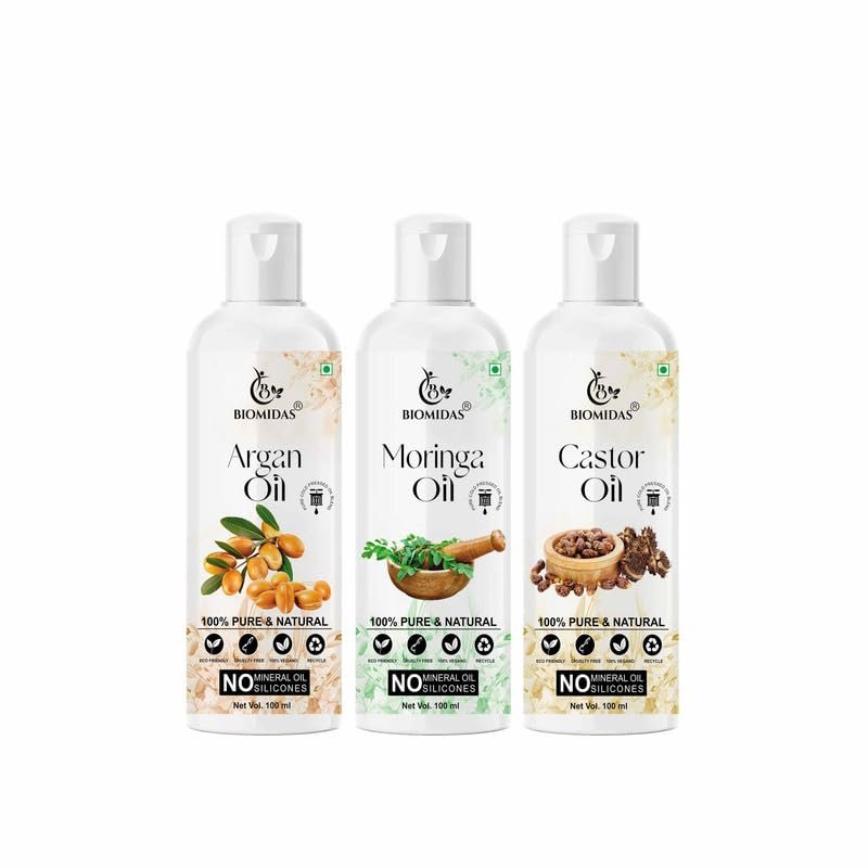 Biomidas 100% Pure Argan Oil & Moringa Oil & Castor Oil 100ML Combo (Pack Of 3)