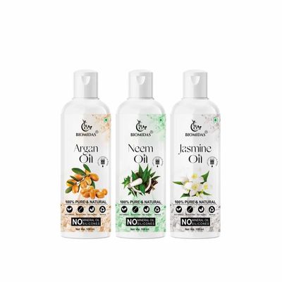 Biomidas 100% Pure Argan Oil & Neem Oil & Jasmine Oil 100ML Combo (Pack Of 3)