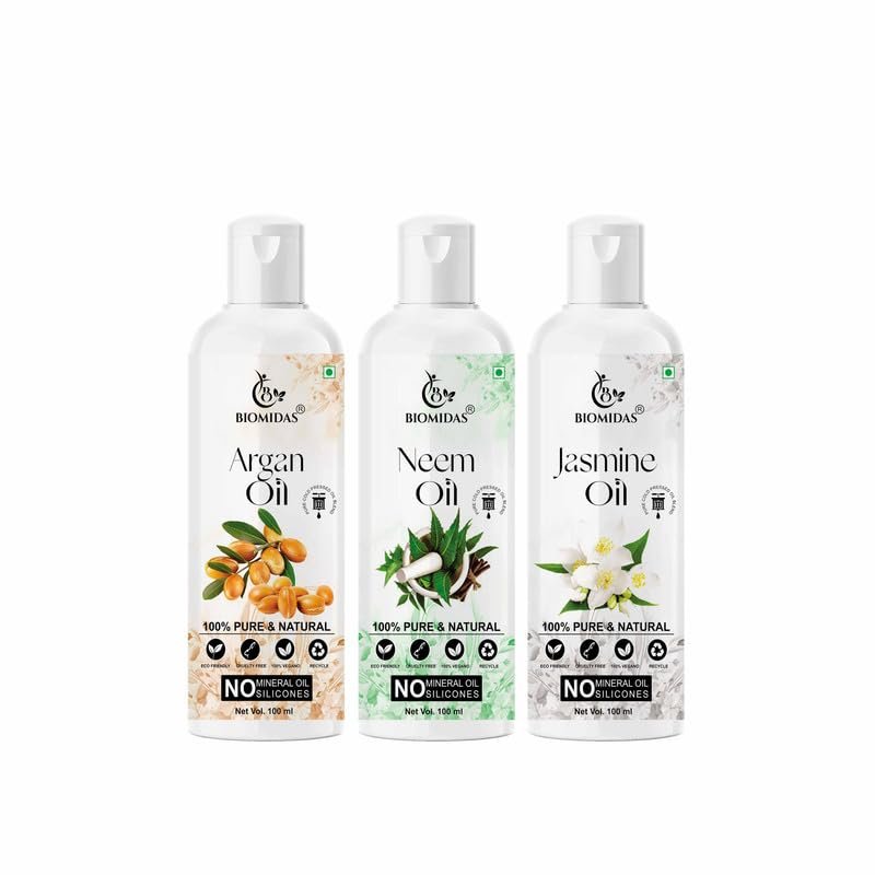 Biomidas 100% Pure Argan Oil & Neem Oil & Jasmine Oil 100ML Combo (Pack Of 3)