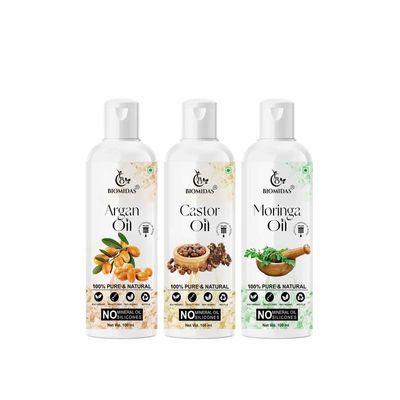 Biomidas 100% Pure Argan Oil & Castor Oil & Moringa Oil 100ML Combo (Pack Of 3)