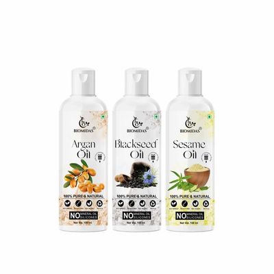 Biomidas 100% Pure Argan Oil & Blackseed Oil & Sesame Oil 100ML Combo (Pack Of 3)