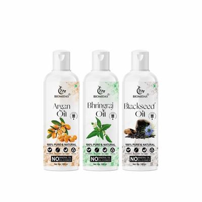 Biomidas 100% Pure Argan Oil & Bhringraj Oil & Blackseed Oil 100ML Combo (Pack Of 3)