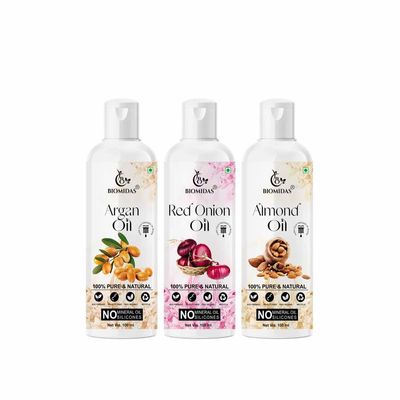 Biomidas 100% Pure Argan Oil & Red Onion Oil & Almond Oil 100ML Combo (Pack Of 3)