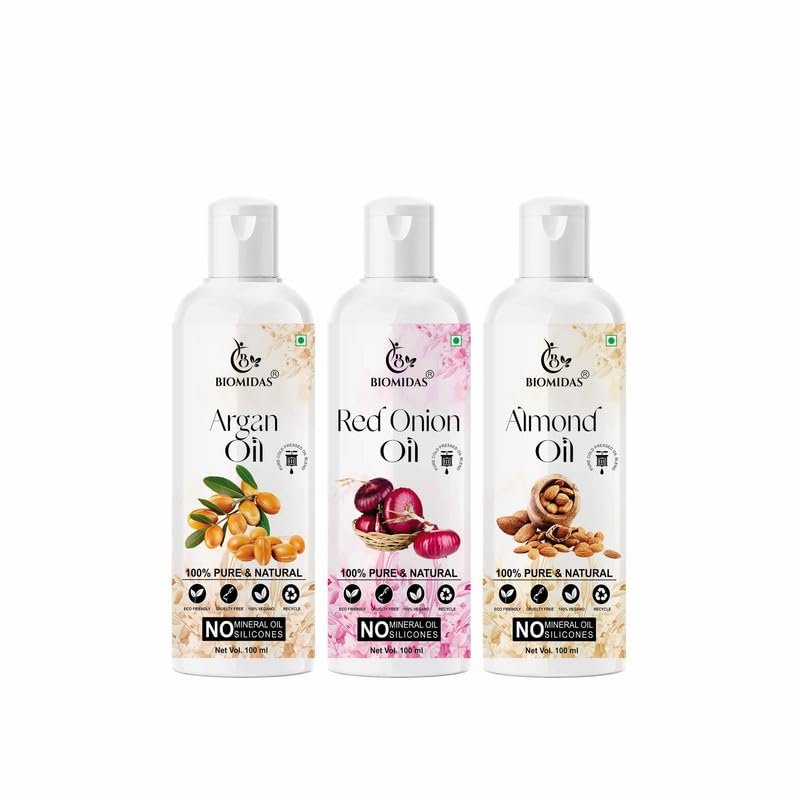 Biomidas 100% Pure Argan Oil & Red Onion Oil & Almond Oil 100ML Combo (Pack Of 3)