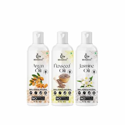 Biomidas 100% Pure Argan Oil & Flaxseed Oil & Jasmine Oil 100ML Combo (Pack Of 3)