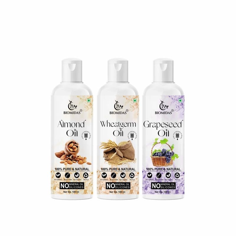 Biomidas 100% Pure Almond Oil & Wheat Germ Oil & Grapeseed Oil 100ML Combo (Pack Of 3)