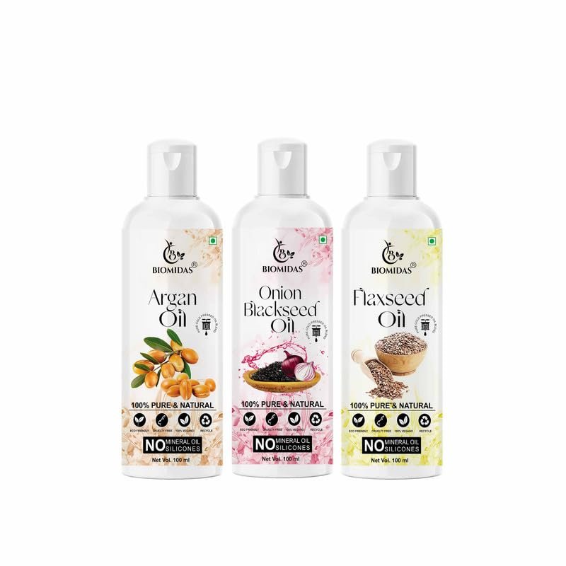 Biomidas 100% Pure Argan Oil & Onionblackseed Oil & Flaxseed Oil 100ML Combo (Pack Of 3)