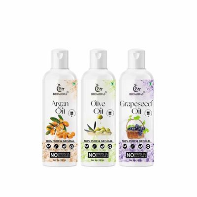 Biomidas 100% Pure Argan Oil & Olive Oil & Grapeseed Oil 100ML Combo (Pack Of 3)
